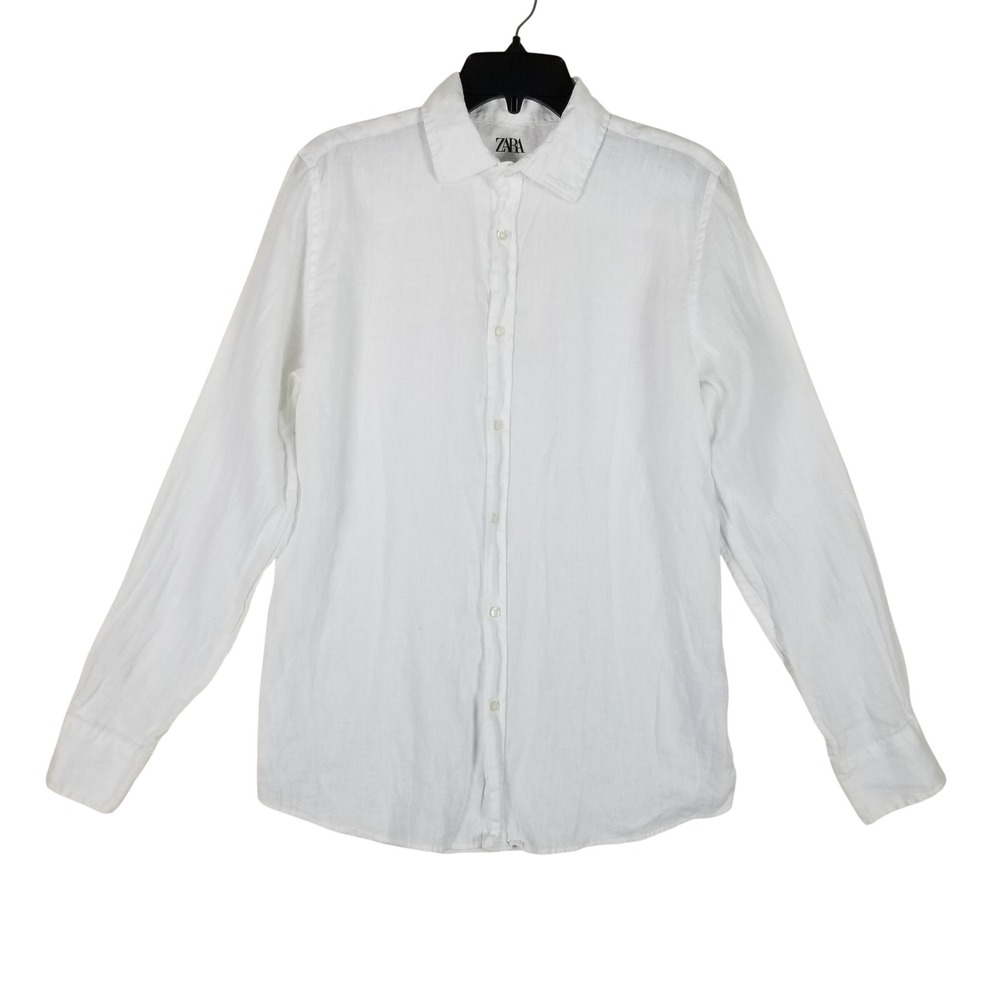 Zara Button Up Shirt Women M White 100% Linen Long Sleeve Collared Casual